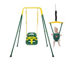 4-in-1 Height Adjustable Toddler Swing Set and Baby Jumper, Safe & Durable Foldable Baby Swing Set with Durable Metal Stand for Indoor & Outdoor Use,