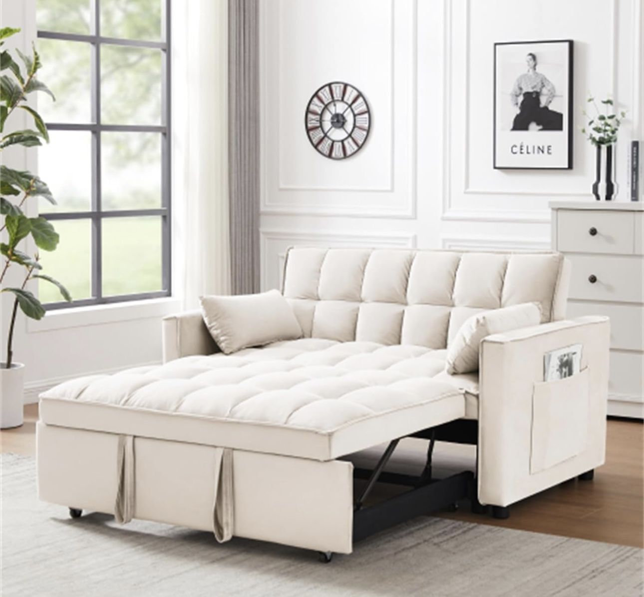 Brand New JDISHINY -Modern Velvet Loveseat Futon w pullout bed (Color creamy, white