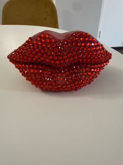 Handmade Wooden Pop Art Rhinestone Lips Sculpture – Red Glam Decor