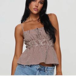 Princess Polly Ansilin Gingham Camisole in brown check with a smocked waist.