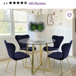 Glass Dining Table With Gold Leg Accents And Navy Blue Chairs - Wayfair - Great Condition