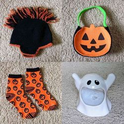 Assorted Halloween decorations warm hat socks sponge holder trick or treat basket