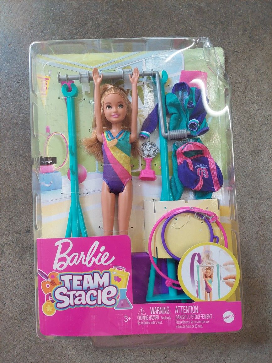 New Barbie Team Stacie Doll Gymnastics Playset with Accessories