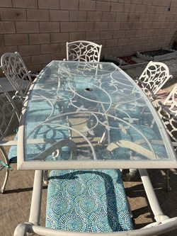 Patio Dining Set - Glass Top Table & 6 Chairs with Cushions