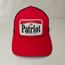 red and black Patriot Racing Team trucker hat with a vintage-inspired patch