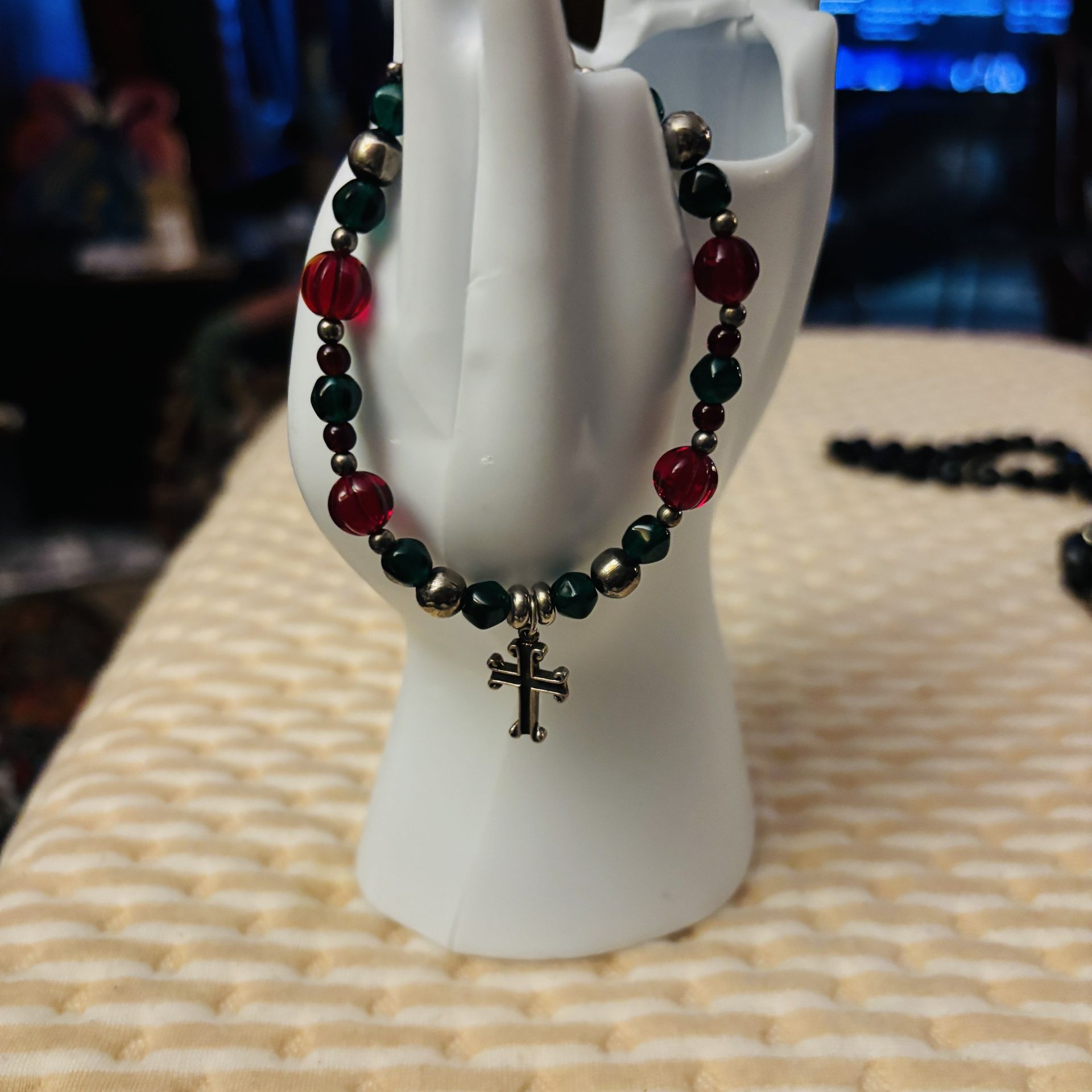 Vintage Mexican Sterling Silver "STFR" hallmark Cross Pendant Red and Green Beads w/Silvertone Accent Beads Toggle Bracelet $15