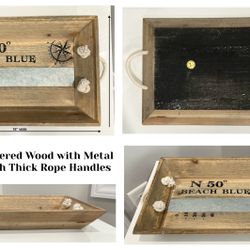 Nautical Weathered Wood with Metal Stripe Tray with Thick Rope Handles