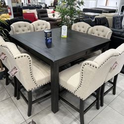 9pc Counter Height Set 🖤 Antique Black Finish ✨ Beige Fabric