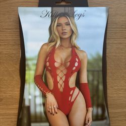 Red Lace Bodysuit w Matching Gloves Lingerie