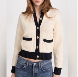 Alex Mill Cream and Navy Tipped Nico Cardigan Size Large