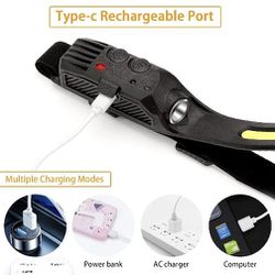 Two (2) COB Headlamps USB Rechargeable LED Torch Work 