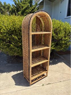 Vintage 70s bohemian wicker rattan woven shelf shelving unit
