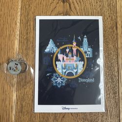 DISNEY REWARDS DESTINATION D23 SET OF 4 MINI ART PRINTS PLUS KEY CHAIN CHARM