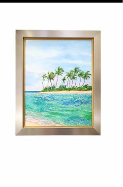 Peter Wong Lagoon II Water Color Painting Double Custom Frame