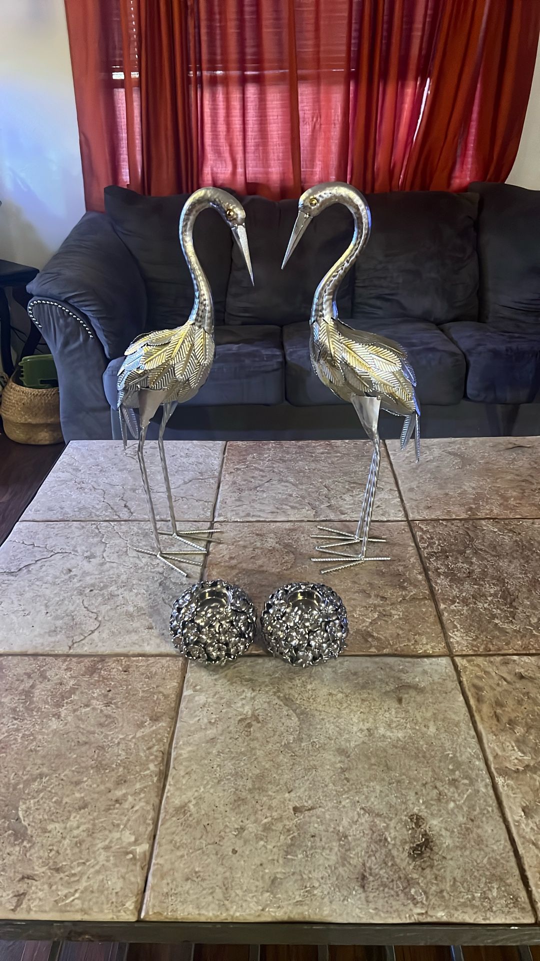 2 Silver Flamingos And 2 Candle Holders