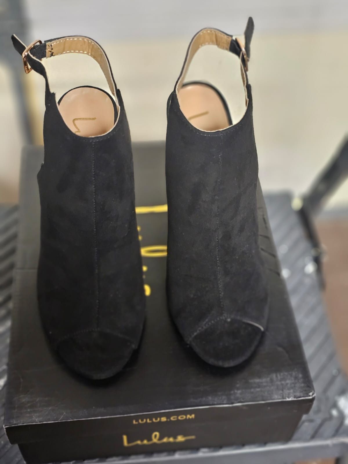 Black Suede Peep-Toe Booties