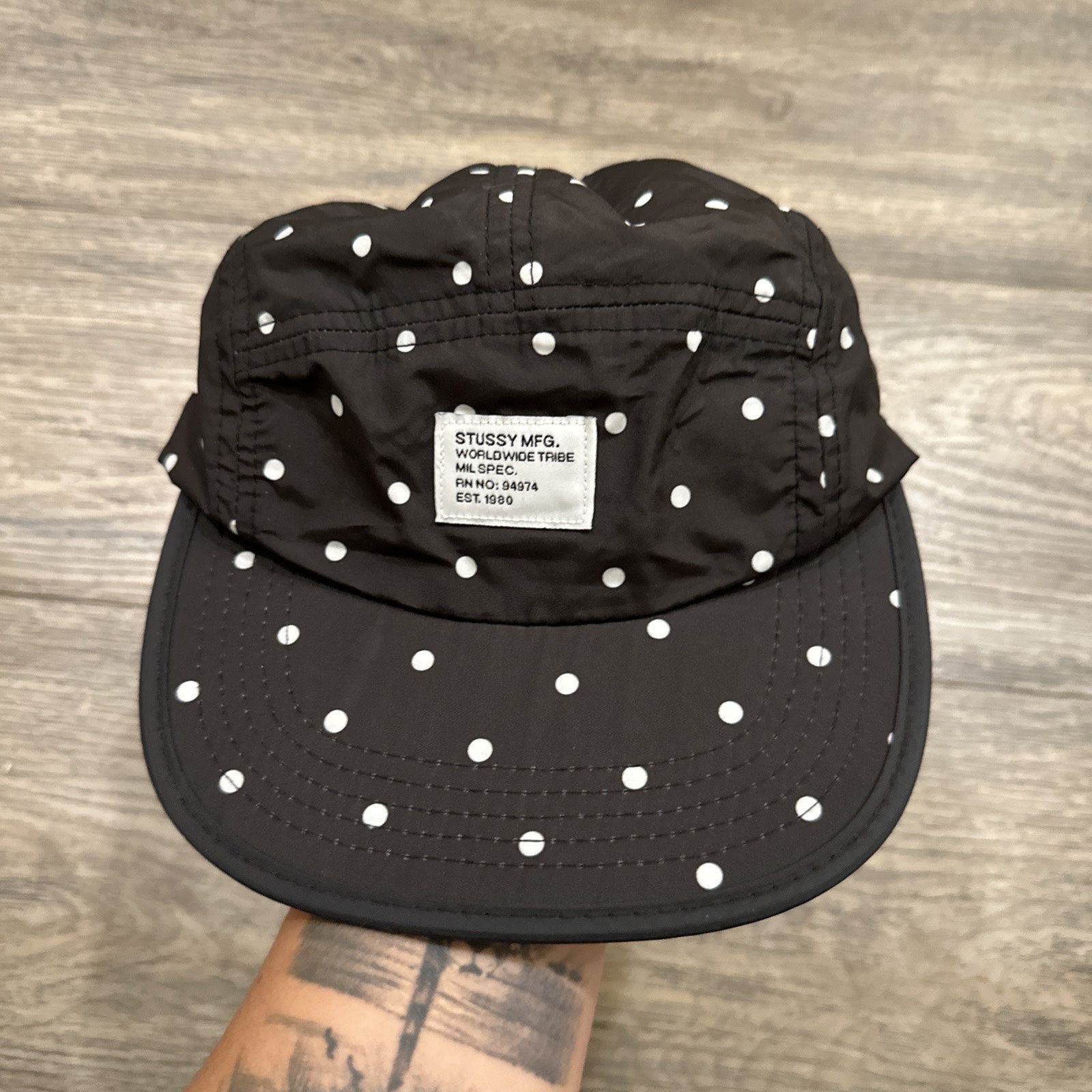 VINTAGE STUSSY POLKA DOT 5 PANEL CAP BLACK 2000