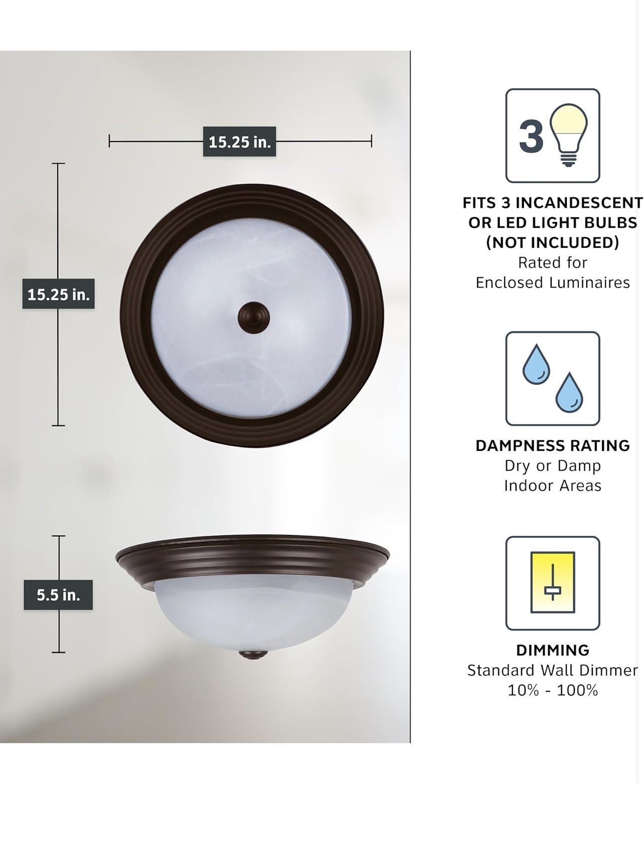 DESIGNERS FOUNTAIN 3-Light Flush Mount Ceiling Light, 15 Inch Lighting Fixture for Kitchen, Bedroom, Bathroom, and Hallway, White Alabaster Glass, Oil