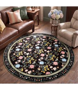 Brandnew 6ft Round Rug, Washable Floral Rug Non Slip Soft, Black
