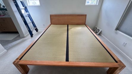 Complete Cal King Japanese Tatami Bed Frame, Headboard, Mats & Wool Topper