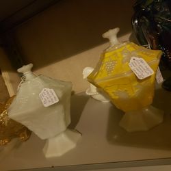 Milk Glass Pedestal Footed Vintage Lidded Candy Dish With Grapes And Leaves Pattern. Yellow One Is Flashpainted Yellow. Very Rare