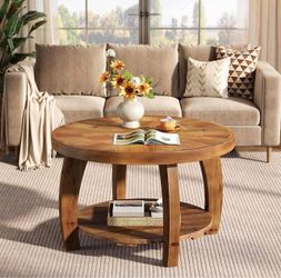 Solid Wood 2-Tier Center Table with Storage with Mosaic Pattern.