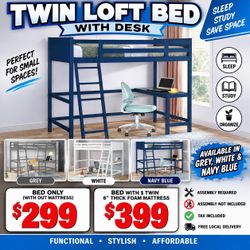 Twin loft bunk  bed. Available in white, grey & navy blue. Assembly required. Assembly not included. Tax included. Free local delivery.  $299 with out