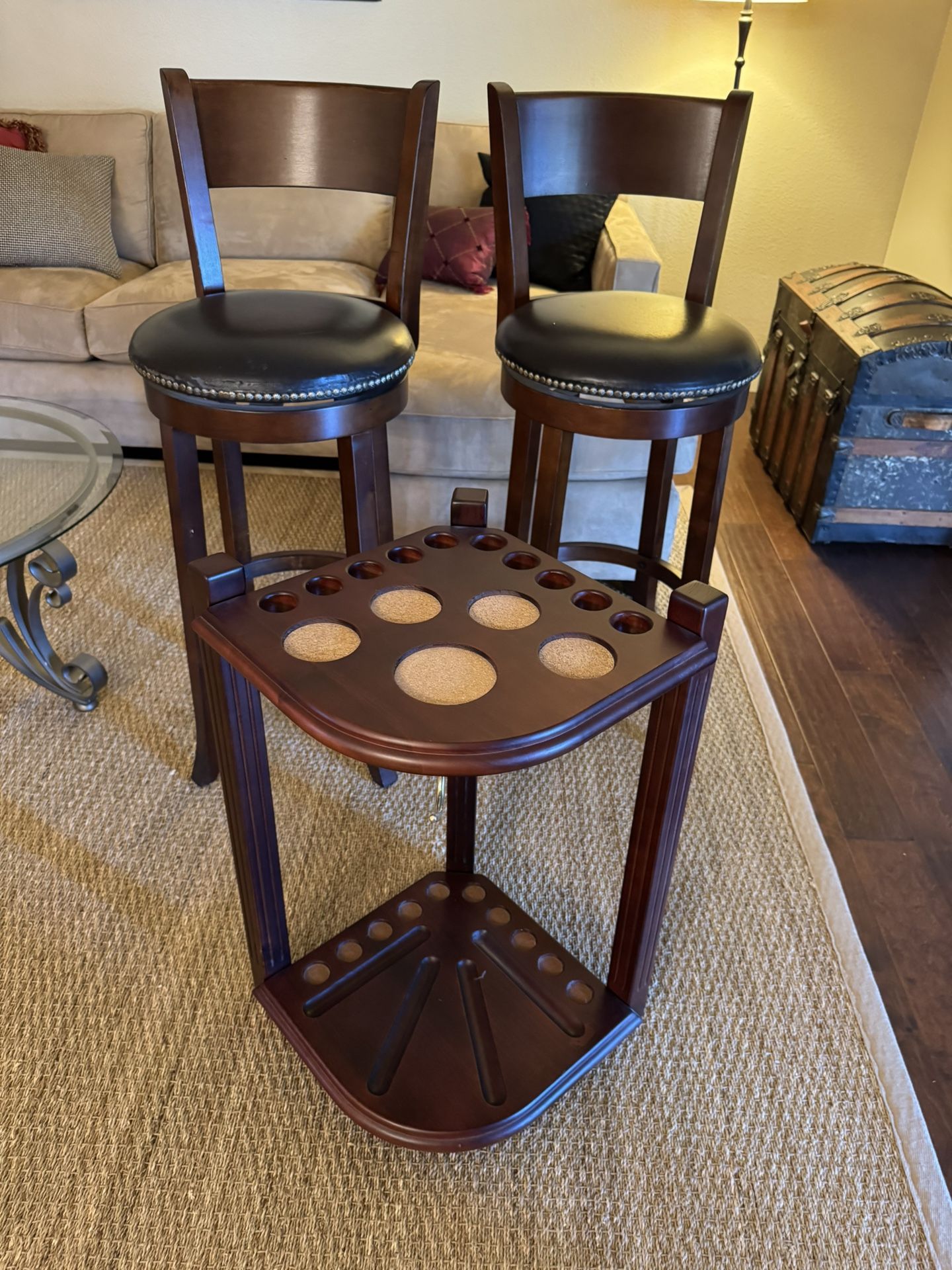 Bar Stools and Mahogany Pool Cue Holder/Corner Table