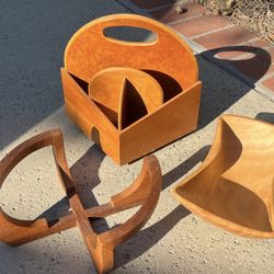 2 MID CENTURY MCM WOOD PIECES TEAK BOWL HOLDER & LEVENGER ROTATING DESK CADDY 