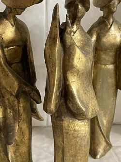 Vintage Japanese MCM Dancing Figurine Platinum or Bronze Painted Brass Geisha Kimono Dancers