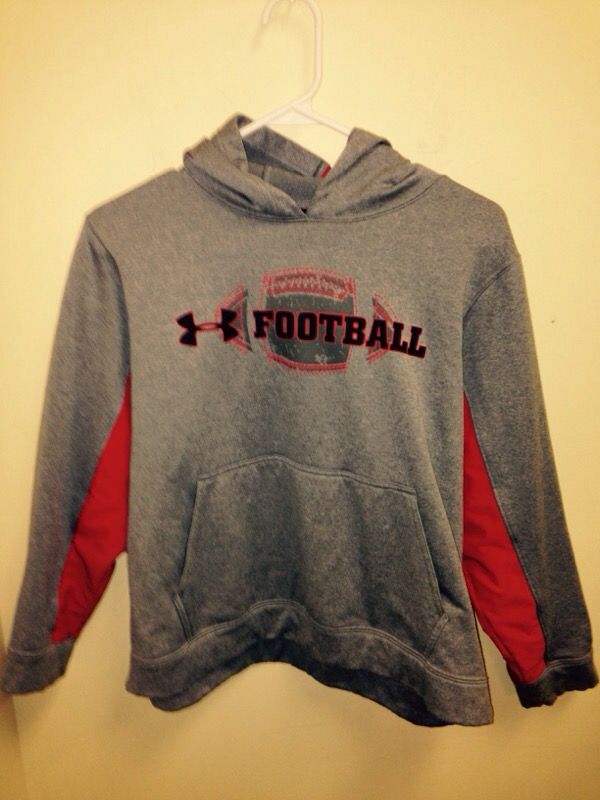 Boys Under Armour grey and red lg football pullover hoodie