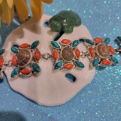 Sterling Silver Coral And Turquoise Bracelet 