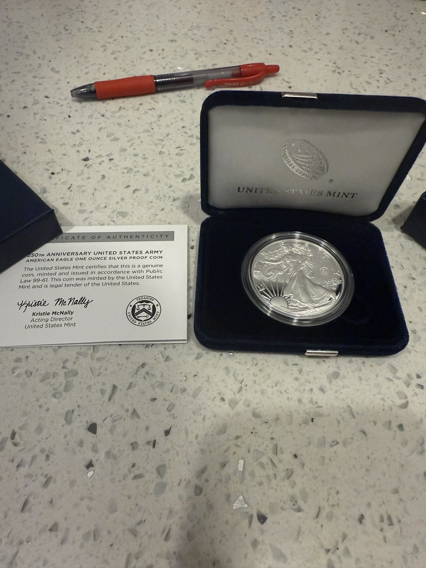 250th Anniversary U.S. Army American Eagle One Ounce Silver Proof Coin – Box & COA