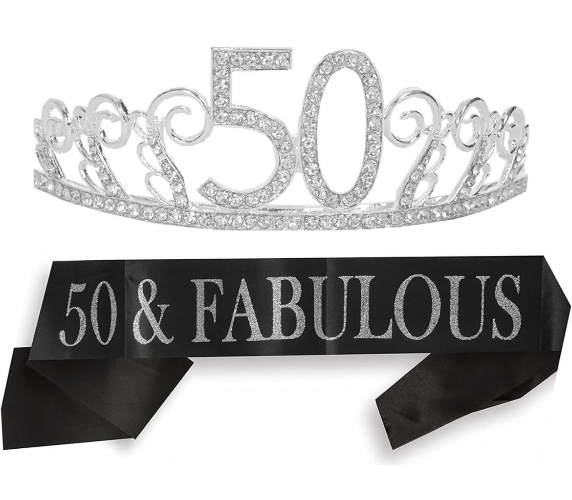 50th Birthday Sash and Tiara for Women - Fabulous Glitter Sash + Waves Rhinestone Silver Premium Metal Tiara for Her, 50th Birthday Gift