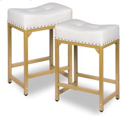 New Bar Stools Set of 2, Counter Height Bar Stools for Kitchen Island, 24 Inch Modern White & Gold Saddle Backless Barstools, Counter Stool with Metal