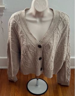 Arizona Jean Co cream tan cable knit button front V-neck cardigan sweater, size XL