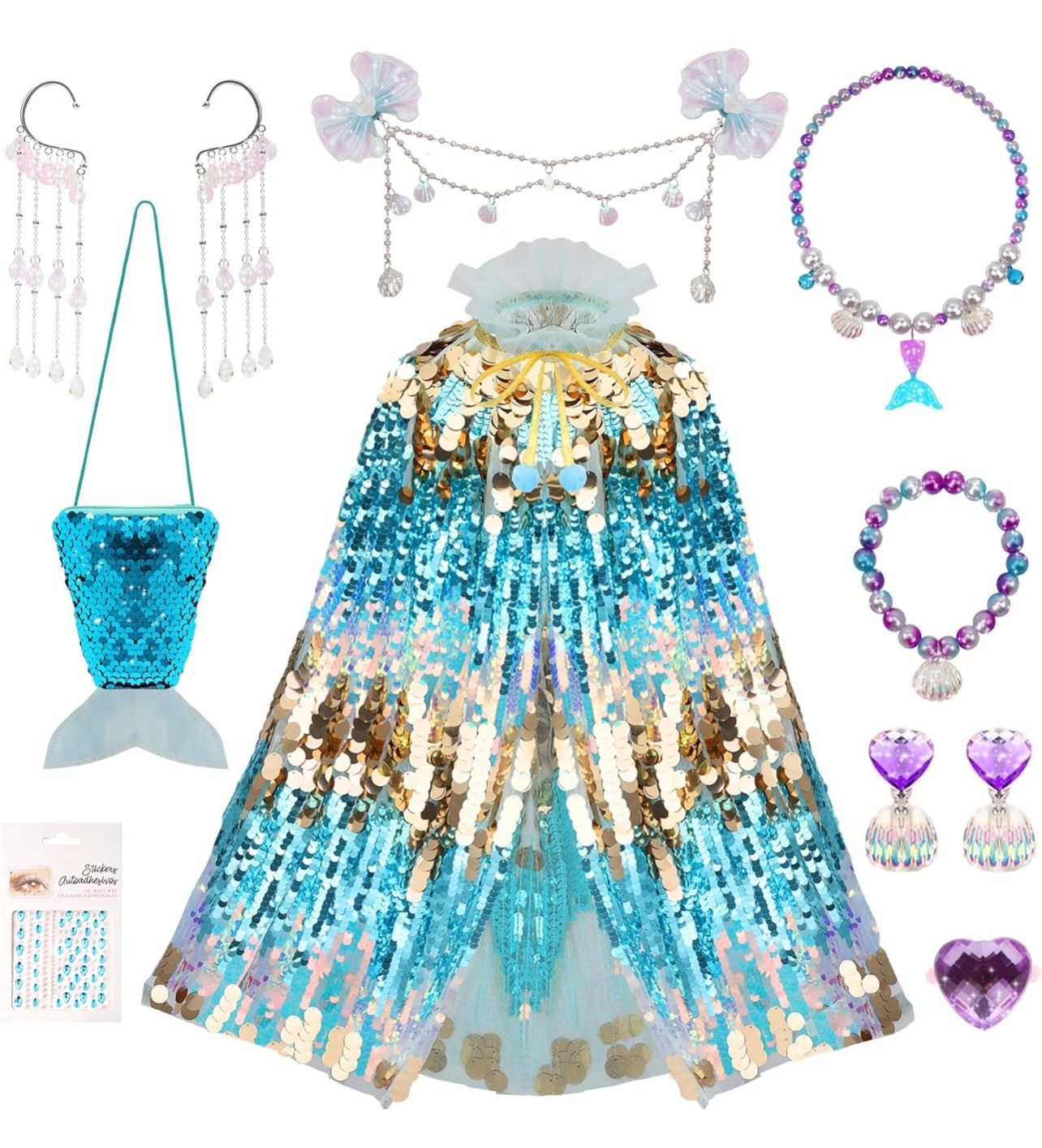 10 PCS Princess Dress Up for Girls 4-6, Princess Dress Up Toys Sequin Mermaid Costume for Toddler Dress Up