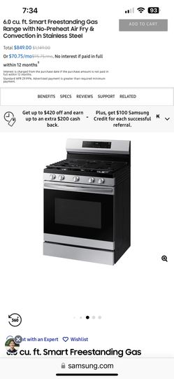 Samsung 6.0 Cu. ft. Smart Freestanding GAS Range with No-Preheat Air Fry & Convection in Stainless Steel NX60A6511SS