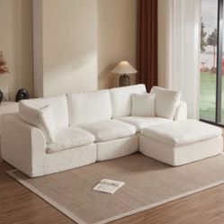Modern White Chenille Sectional Sofa with Chaise – Ultra-Soft Bouclé Fabric, Thick Cushions, Easy Assembly