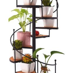 Flower Stand Retro Wrought Iron Wood Spiral Staircase Multi-Layer Flower Pot Shelf Balcony Living Room Garden Floor Flower Stand Plant Stand 