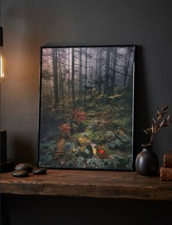 Framed Misty Forest Art Print 1980s
