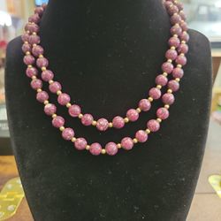 Vintage Purple Jasper Amethyst Beaded Necklace 32" Gold Beaded Spacers Infinity Strand F8