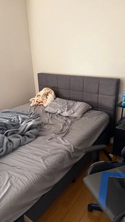 Queen size Gray Upholstered Bed Frame with Headboard and mattress