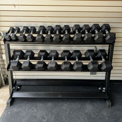 New Rubber Hex Dumbbells 5lbs-50lbs/Dumbbell rack included/ Gym Equipment/Weights/Exercise/Training 