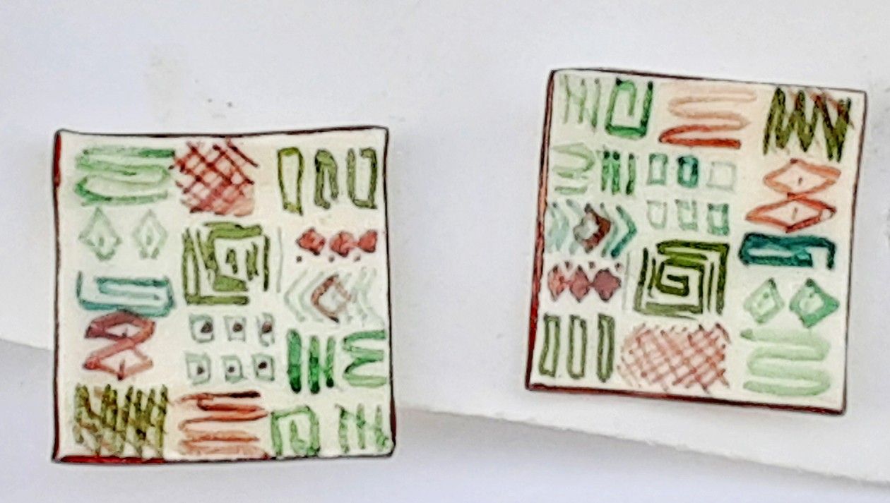 Mid century atomic age ceramic screw back earrings hand painted abstract art designs