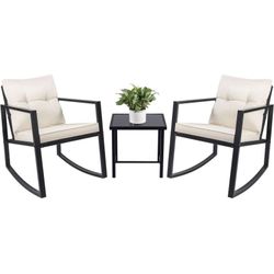 Devoko 3 Piece Rocking Bistro Set Wicker Patio Outdoor Furniture Porch Chairs Conversation Sets with Glass Coffee Table (Beige)