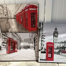 Set of 3 London Canvas Prints - Black & White with Red Accents (Iconic Phone Booths)