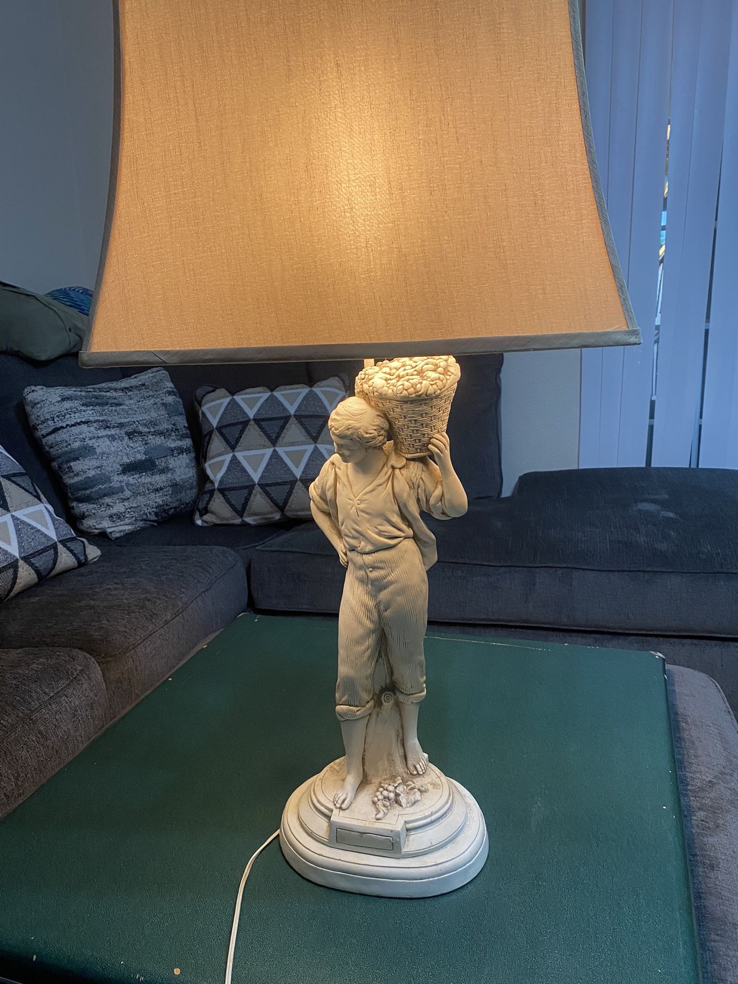 Quartite Vintage 1957 Boy Man Fruit Basket Lamp Tested Light Statue