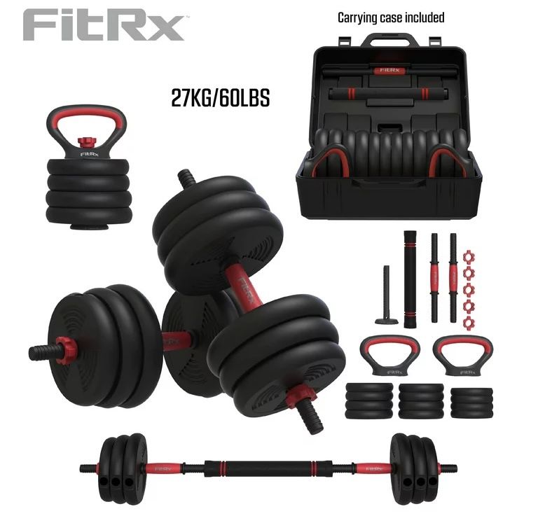 FitRx SmartBell Gym, 60 lbs. 4-in-1 Adjustable Interchangeable Dumbbell, Barbell, and Kettlebell set