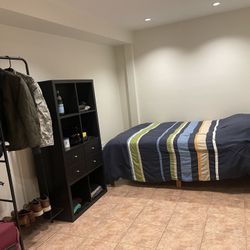 Full months-old Bedroom set: Frame, Hybrid Mattress, Linens, Garment Rack, Shelving